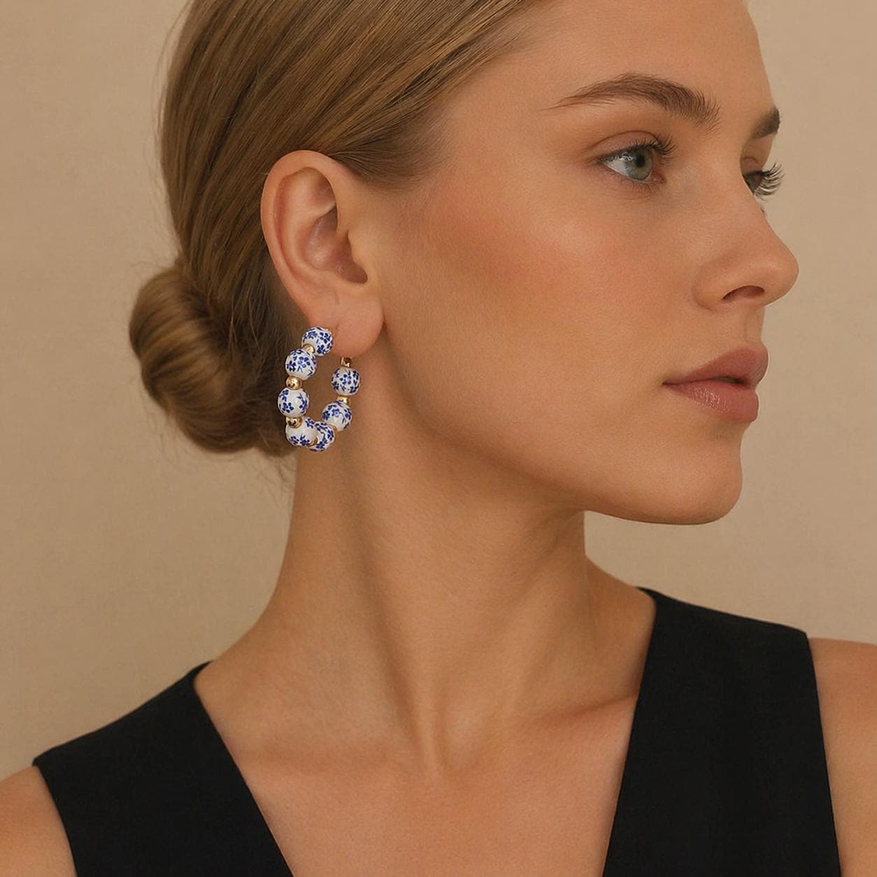 Blue White Porcelain C-Shaped Hoop Earrings, Alloy Daily Jewelry