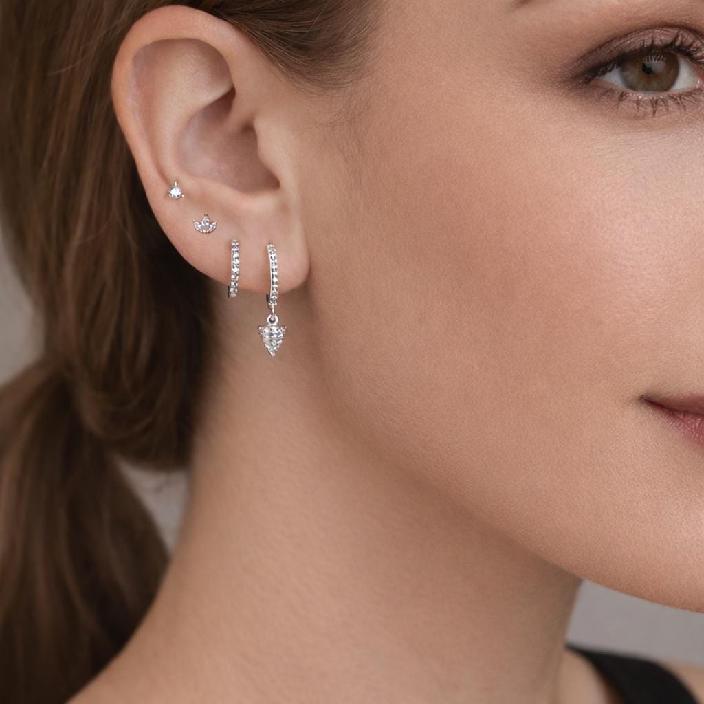 4PC Zircon Spike Cone Hoop Earrings, Stainless Steel Stackable Studs, Punk Hip Hop Jewelry