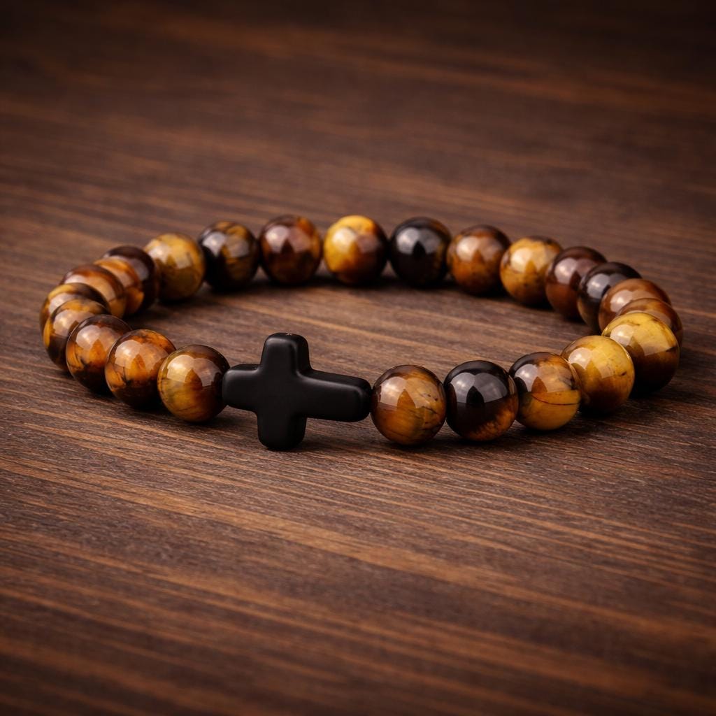 Natural Stone & Wood Beads Bracelet with Hematite Cross – Meditation Yoga Unisex Accessory