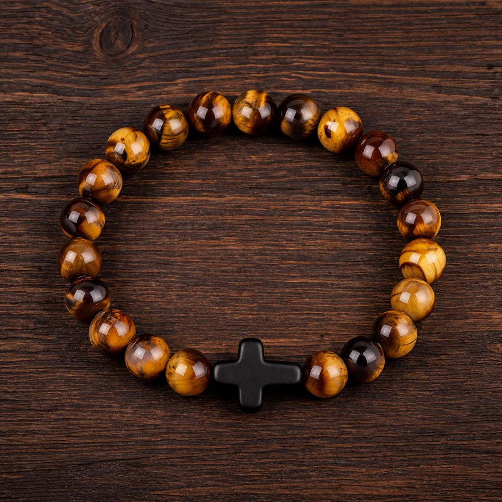 Natural Stone & Wood Beads Bracelet with Hematite Cross – Meditation Yoga Unisex Accessory