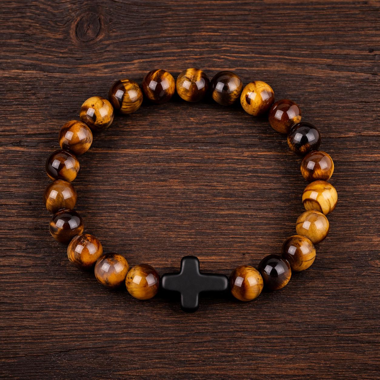 Natural Stone & Wood Beads Bracelet with Hematite Cross – Meditation Yoga Unisex Accessory