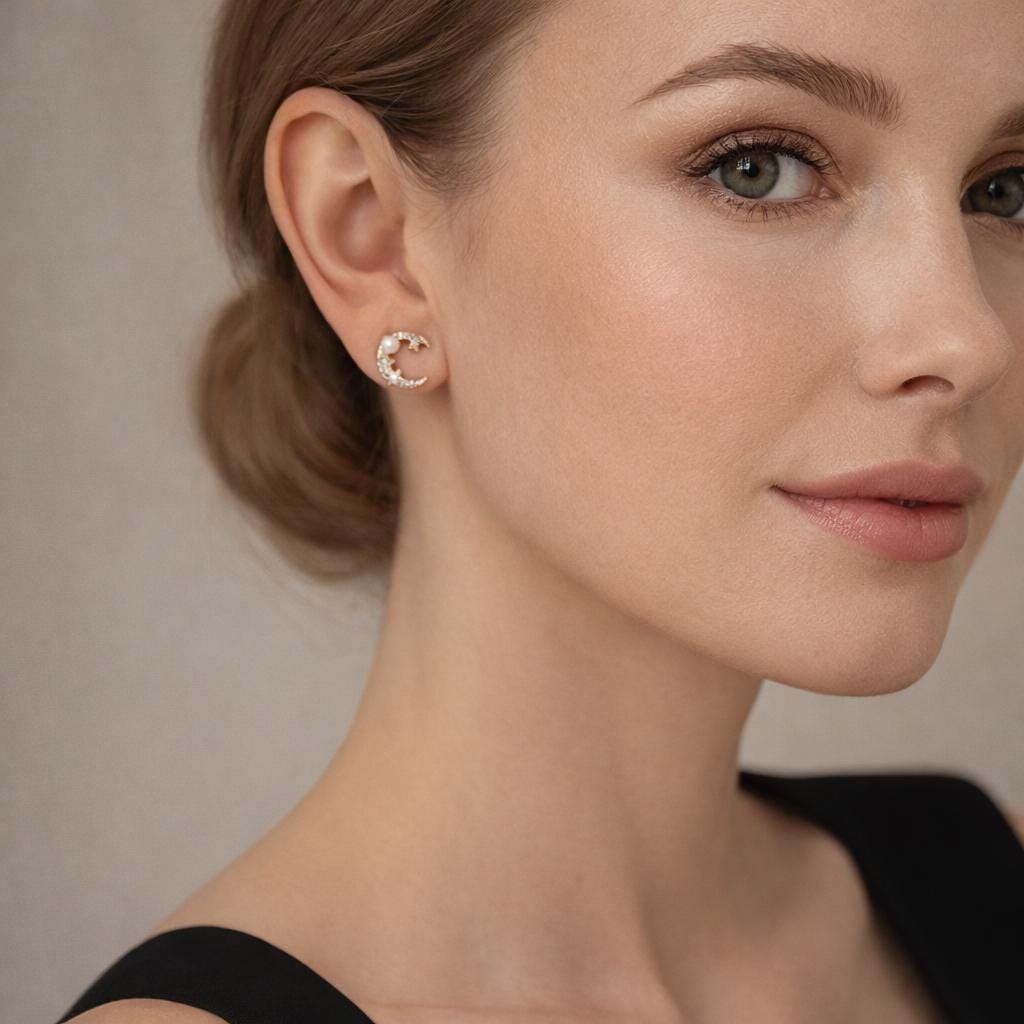 Sterling Silver Moon Stud Earrings, CZ Pearl Celestial Minimalist Jewelry