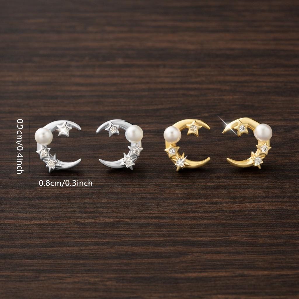 Sterling Silver Moon Stud Earrings, CZ Pearl Celestial Minimalist Jewelry