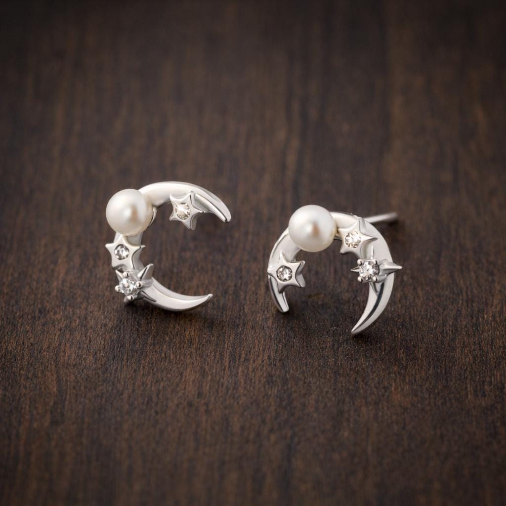 Sterling Silver Moon Stud Earrings, CZ Pearl Celestial Minimalist Jewelry