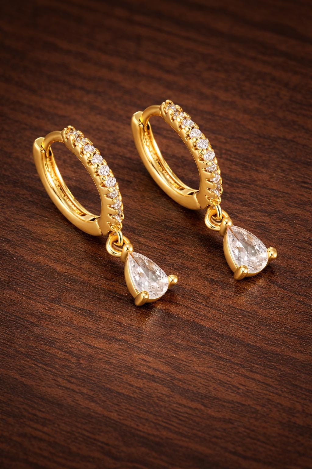 14K Gold Plated Teardrop Hoop Earrings with Zircon Stones – Minimalist Dangle Jewelry